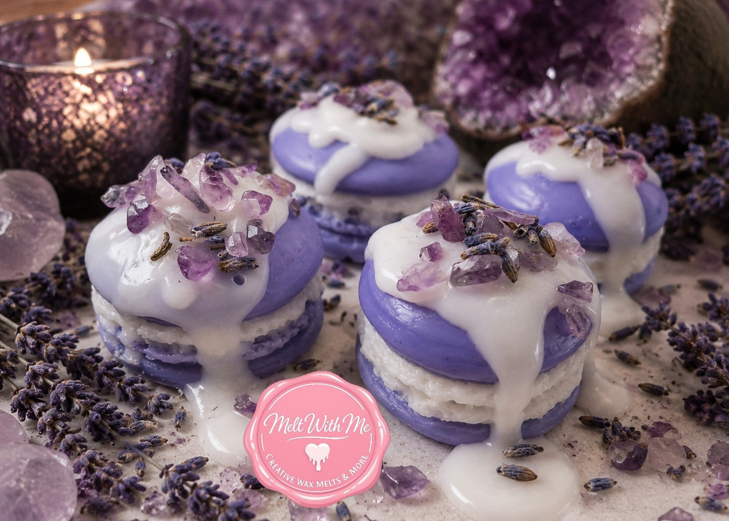 Wax Melt Macaroons ×4 with Lavender Flowers and Amethyst Chips