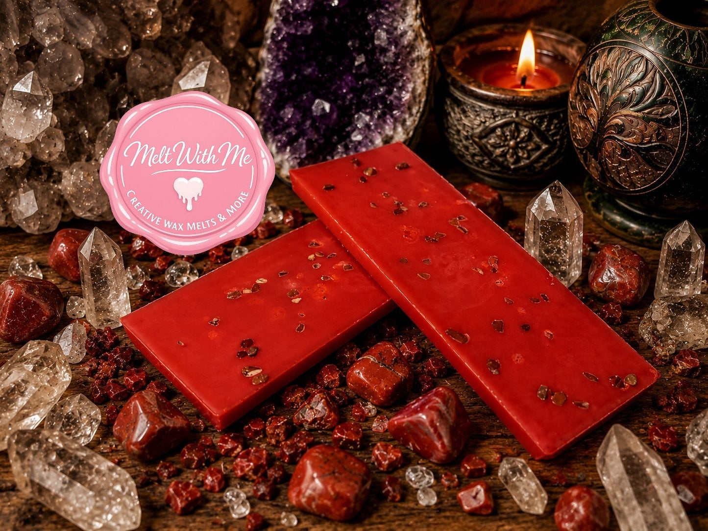 Ambered Sandalwood with Red Jasper Gemstone Chips